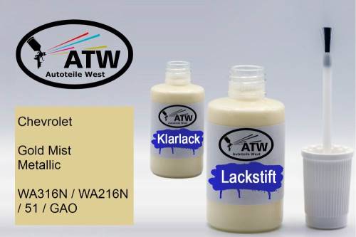 Chevrolet, Gold Mist Metallic, WA316N / WA216N / 51 / GAO: 20ml Lackstift + 20ml Klarlack - Set, von ATW Autoteile West.